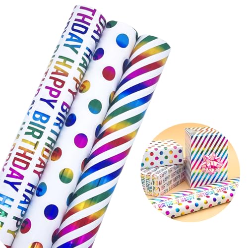 CC wonderland zone 3 Rollen Hochwertiges Geschenkpapier Geburtstag Bunt 43cm x 3m,Happy Birthday Geschenkpapier,Regenbogenfarben Geschenkverpackung Papier für Weihnachten,Geburtstag, Kindertag von CC wonderland zone