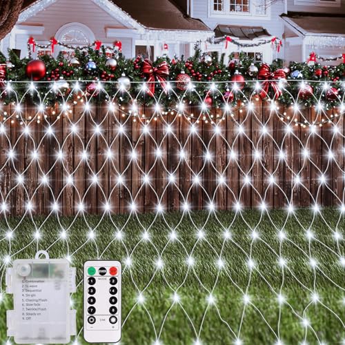 CCILAND 100 LED Netz Lichter, 1.5M x 1.5M Netz Lichterkette im Freien wasserdicht mit 8 Modi Fernbedienung Timer Dimmbare Batterie Netz Lichter für Busch Zaun Wand Party Hochzeit Weihnachten Dekor von CCILAND