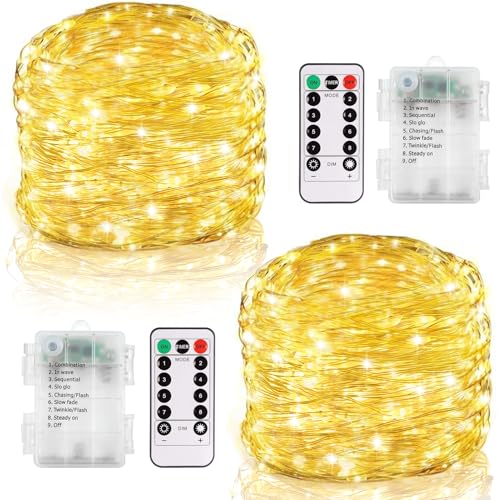 CCILAND 2 Stück Lichterkette Batterie, 6M 60 LED Lichterkette mit Fernbedienung und Timer, Akku Lichterkette Draht Wasserdicht für Innen Außen Weihnachten Hochzeit Deko (Warmweiß) von CCILAND