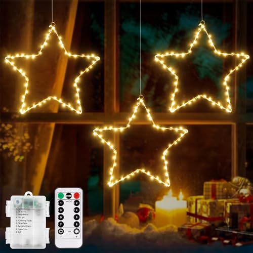 CCILAND 3 Stück LED Stern Lichter Weihnachtsdeko Fenster, 180 LED Sterne Weihnachtsbeleuchtung Batteriebetrieben mit 8 Modi Timer Weihnachtsstern Beleuchtet für Weihnachten Hochzeit Deko (Warmweiß) von CCILAND