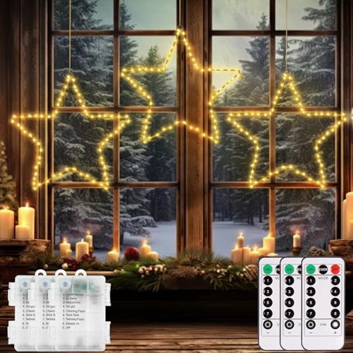 CCILAND 3 Stück LED Stern Lichter Weihnachtsdeko Fenster, 180 LED Sterne Weihnachtsbeleuchtung Batteriebetrieben mit 8 Modi Timer Weihnachtsstern Beleuchtet für Weihnachten Hochzeit Deko (Warmweiß) von CCILAND