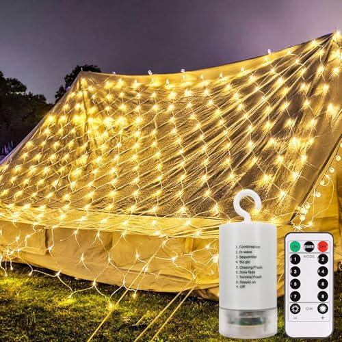 CCILAND 3 m x 2 m Batterienetz-Lichter, 200 LED-Netzlichter mit Fernbedienung, 8 Modi, Lichterkette für den Außenbereich, wasserdicht, dimmbar, für Hinterhof, Schlafzimmer, Decke, Terrasse, Baumdekor von CCILAND