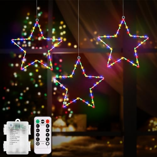 CCILAND 3 Stück LED Stern Lichter Weihnachtsdeko Fenster, 180 LED Sterne Weihnachtsbeleuchtung Batteriebetrieben mit 8 Modi Timer Fenster Sterne Lichterkette für Weihnachten Deko (Mehrfarbig) von CCILAND