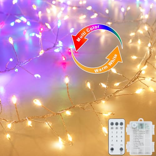 CCILAND Cluster-Lichterkette, batteriebetrieben, 200 LEDs, warmweiß und mehrfarbig, Farbwechsel, Feuerwerkskörper, Lichter mit Fernbedienung, für Schlafzimmer, Fenster, Party, Baumdekoration von CCILAND