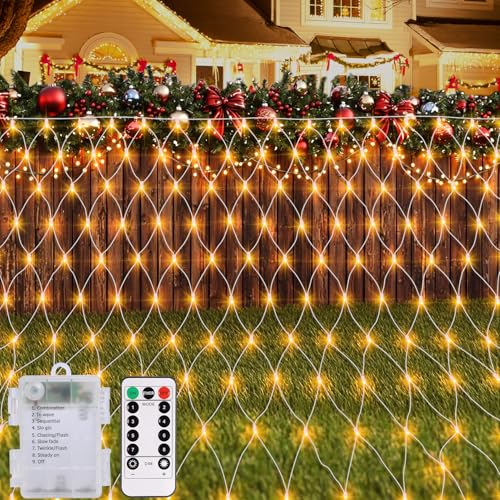 CCILAND Garden Net Lichter Batteriebetrieben, 1.5M x 1.5M 100 LED Batterie Netz Lichter mit Fernbedienung Mesh String Lichter im Freien wasserdicht für Garten Terrasse Busch Gazebo Balkon Dekor von CCILAND