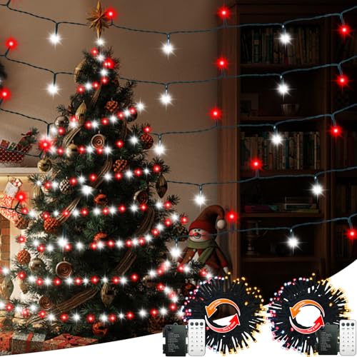 CCILAND Lichterkette mit Farbwechsel, 10 m, 100 LEDs, batteriebetrieben, warmweiß und rot, weiß, 8 Modi, Weihnachtsbeleuchtung für den Außenbereich, mit Fernbedienung, Weihnachtsbaum-Lichter für von CCILAND