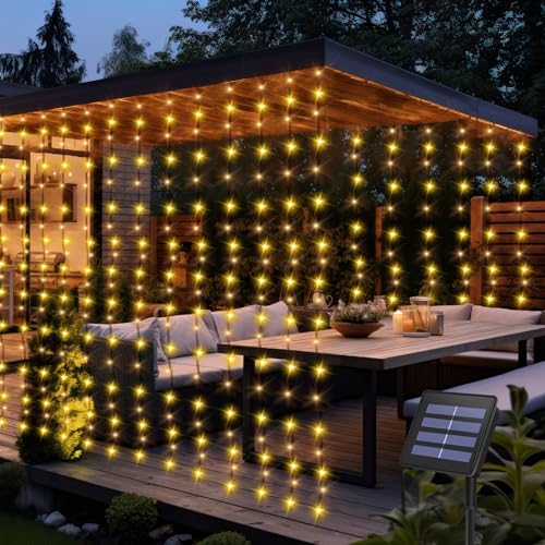 CCILAND Solarbetriebene Vorhanglichter, 2 m x 2 m, 200 LED-Vorhanglichter, 8 Modi, wasserdicht, grüner Draht, Lichterkette für Terrasse, Hochzeit, Haus, Garten, Fensterdekoration, Warmweiß von CCILAND