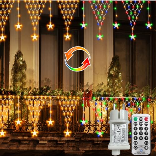 CCILAND Weihnachten Lichternetz Außen 4M, 196 LED Stern Lichternetz mit 11 Modi Stecker, Lichterkette Netz Wasserdicht mit Fernbedienung Timer für Eaves Balkone Urlaub Dekor-Warmweiß & Mehrfarbig von CCILAND