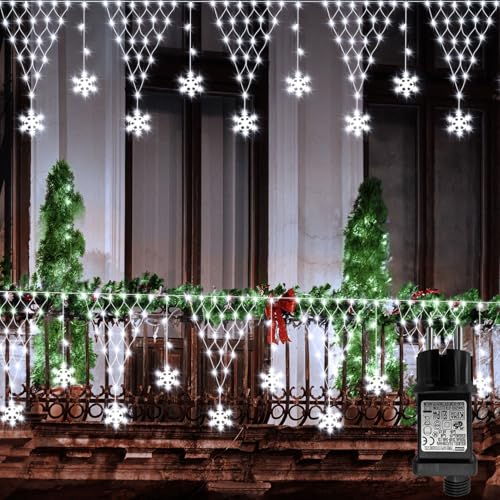 CCILAND Weihnachten Lichternetz Außen 4M, 207 LED Schneeflocken Lichternetz mit 8 Modi Stecker, Lichterkette Netz Wasserdicht mit Timer für Eaves, Zäune, Balkone, Urlaub, Hochzeit Dekor-Kaltweiß von CCILAND