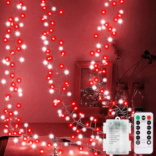 CCILAND Weihnachts-Lichterkette, batteriebetrieben, 3 m, 200 LEDs, automatischer Timer, 8 Modi, LED-Cluster-Lichter für Innen- und Außenbereich, Party-Dekoration (Rot und Weiß) von CCILAND