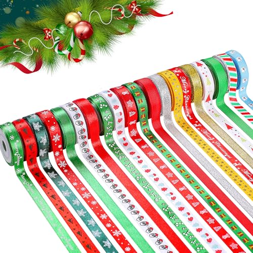 Weihnachtsband zum Verpacken von Geschenken, Ripsband und doppelseitigem Polyester-Satinband, durchgehendes Band-Set für Weihnachtsgeschenkverpackungen, Haarschleifen, Basteln, Nähen, 91 m / 20 Rollen von CCTVRTV