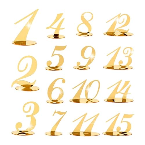 CDIYTOOL Hochzeit Tischnummern, Gold Spiegel Acryl Tischnummern Schilder mit Halter Basis, Empfang Tischnummern Tischnummern Karten für Party Event Catering Dekor (1-15) von CDIYTOOL