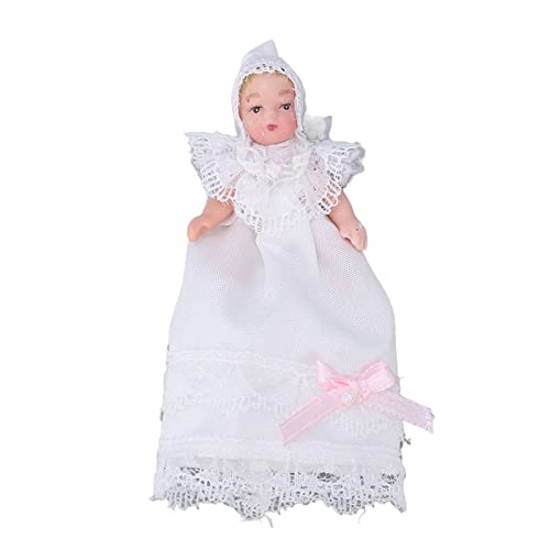 CDQL Mini-Keramik-Babypuppe Im Maßstab 1:12 – 3,1 Zoll Bewegliches und Biegsames Miniatur-Babypuppenmodell – Keramik-Babypuppe mit Weißem Kleid für Puppenhauszubehör von CDQL
