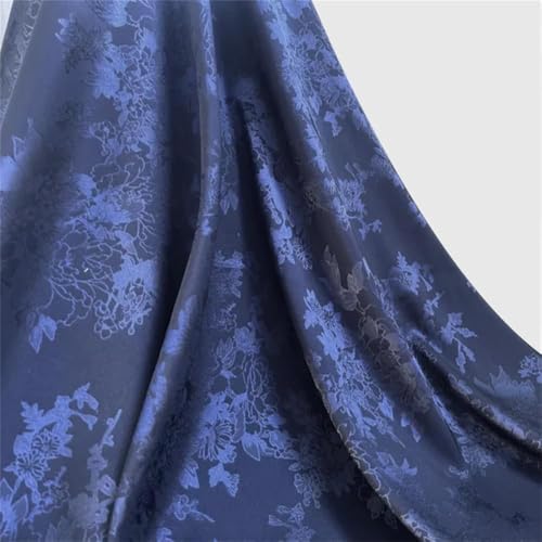 Kleiderstoff, Seidiger Satin-Brokat, Polyester-Kunstseiden-Satinstoff mit Blumenmuster, Drapierungskleid, Hemdstoff, Marineblau, Meterware Marineblau(150cm x 1yard) von CDWK