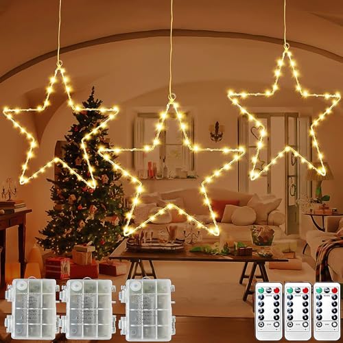 3 Stück Fenster Weihnachtsbeleuchtung, 40 LED Beleuchtet LED Fensterdeko Stern warmweiß Batteriebetrieben, Fensterdeko Batterie Weihnachtsdeko Lichterkette mit Timer für Hängen Weihnachtsdeko Fenster von CECOMBINE