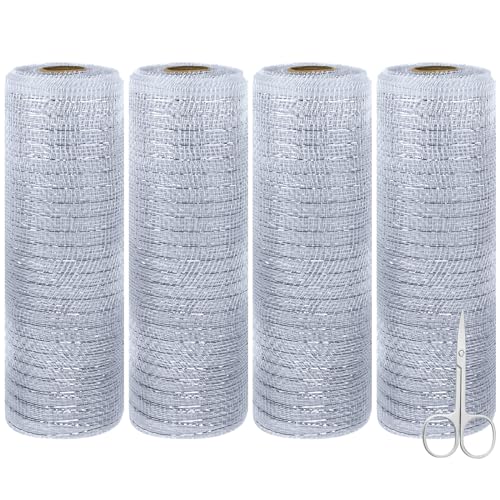 4 Roll Deco Poly Mesh Ribbon, 25cmx9.14M Stitch Tüll Stoff Rolle Metallic Folie Deco Poly Mesh Set für Kränze, Tutu-Rock, Basteln, Geschenk Schleife, Goldenes Tischband, Dekostoff& Geburtstagsparty von CECOMBINE