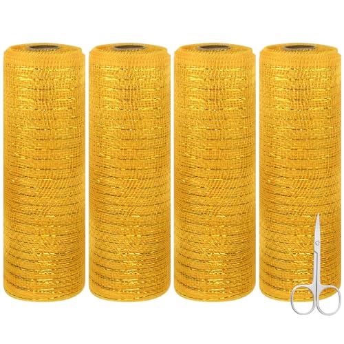 4 Roll Deco Poly Mesh Ribbon, 25cmx9.14M Stitch Tüll Stoff Rolle Metallic Folie Deco Poly Mesh Set für Kränze, Tutu-Rock, Basteln, Geschenk Schleife, Goldenes Tischband, Dekostoff& Geburtstagsparty von CECOMBINE