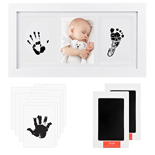 CECOMBINE Baby Handabdruck und Fußabdruck Set, Baby Holz Bilderrahmen mit 2 x Clean Touch Stempelkissen & 8 x Druckkarten für Babyparty Geschenk, Geschenk für Neue Eltern, Kinderzimmerdekoration von CECOMBINE