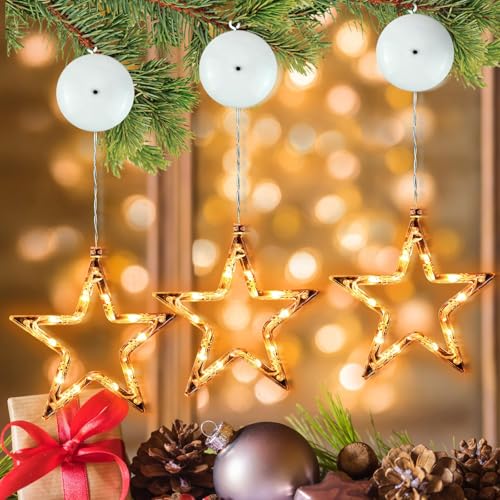 LED Sterne Weihnachtsdeko, 3 Stück 10 LED Sterne Weihnachtsbeleuchtung Batterie Innen Lichterkette mit Saugnäpfe und Einhaken, Warmweiß Fensterdeko Lichterkette Batterie für Weihnachtsdeko Party von CECOMBINE