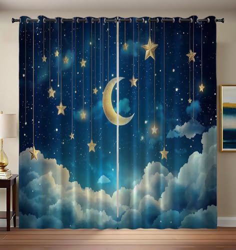 CEDNXOER Blickdichte Vorhänge Sternenhimmel Thermovorhang Kälteschutz mit Ösen H 245 x B 140 cm (2er Pack) Wohnzimmer Schlafzimmer, Cartoon Mond Sterne Vorhänge Blickdicht Verdunklungsvorhänge von CEDNXOER