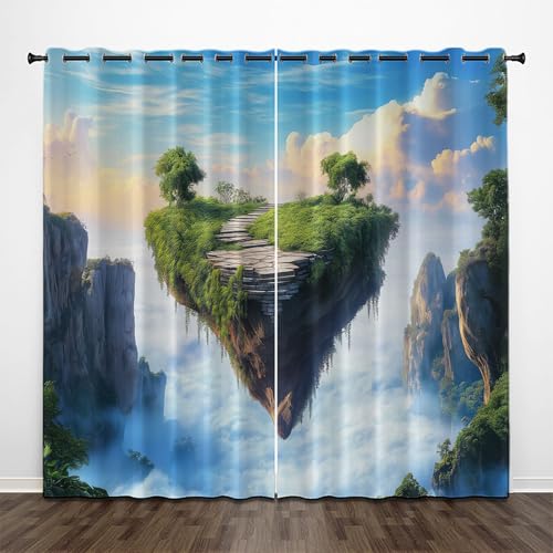 CEDNXOER Cartoon-Insel Blickdichte Vorhänge, 3D Schwimmen Berge Verdunklungsvorhänge 2er Set Gardinen Mit ösen Schlafzimmer Wohnzimmer Thermovorhang Kälteschutz H 214 x B 132 cm Schallschutz Vorhang von CEDNXOER