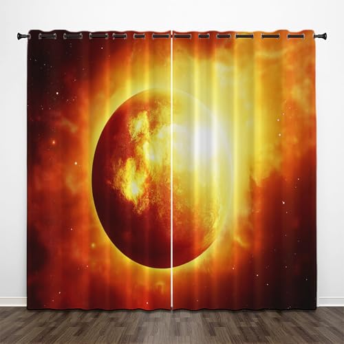 CEDNXOER Sternenhimmel Blickdichte Vorhänge, 3D Flamme Planet Verdunklungsvorhänge 2er Set Gardinen Mit ösen Schlafzimmer Wohnzimmer Thermovorhang Kälteschutz H 214 x B 132 cm Schallschutz Vorhang von CEDNXOER