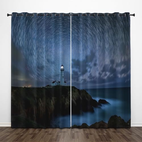 CEDNXOER Sternenhimmel Hafen Blickdichte Vorhänge, 3D Leuchtturm Verdunklungsvorhänge 2er Set Gardinen Mit ösen Schlafzimmer Wohnzimmer Thermovorhang Kälteschutz H 214 x B 132 cm Schallschutz Vorhang von CEDNXOER