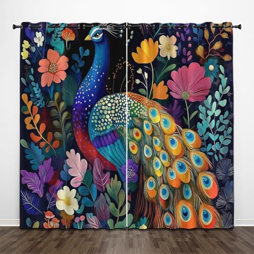 CEDNXOER Vorhang Blickdicht Blumen Pflanzen, Kinderzimmer Deko Verdunkelung Gardine Blauer Pfau, 2er Set H 200 x B 70 cm Thermovorhang Fenster Vorhänge mit Ösen für Wohnzimmer von CEDNXOER