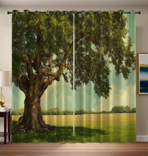 CEDNXOER Vorhang Blickdicht Großer Baum Pflanze, Kinderzimmer Deko Verdunkelung Gardine Feld, 2er Set H 200 x B 70 cm Thermovorhang Fenster Vorhänge mit Ösen für Wohnzimmer von CEDNXOER