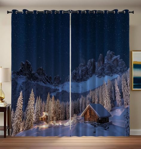 CEDNXOER Vorhang Blickdicht Sternenhimmel Natur, Kinderzimmer Deko Verdunkelung Gardine Wald Holzhaus, 2er Set H 225 x B 140 cm Thermovorhang Fenster Vorhänge mit Ösen für Wohnzimmer von CEDNXOER