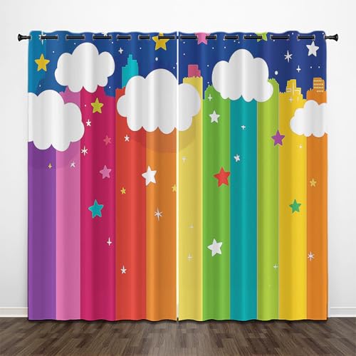 Cartoon Holzbrett Verdunkelungsvorhänge für Schlafzimmer, Sternenhimmel Wolken Verdunklungsvorhänge mit Ösen, 2er Set H 200 x B 70 cm Vorhang Blickdicht für Wohnzimmer Schlafzimmer Dekoration von CEDNXOER