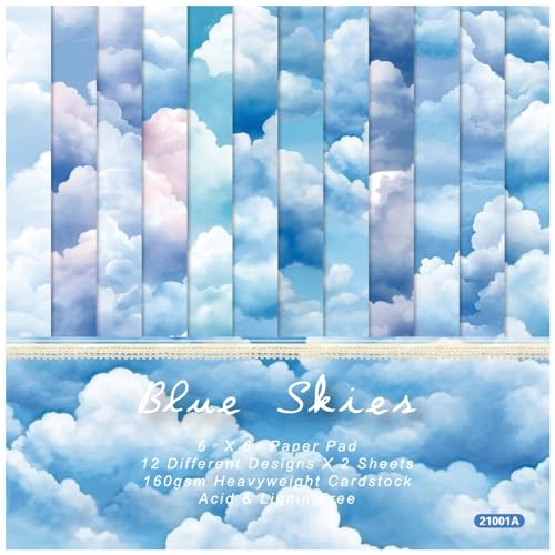 CEHJZQRPL Scrapbooking Papierblock, 6 x 6 Zoll, 24 Blatt Blauer Himmel mit weißen Wolken, einseitig gemusterter Karton, 160 g/m², for die Herstellung von Fotoalbum-Hintergrundkarten. von CEHJZQRPL