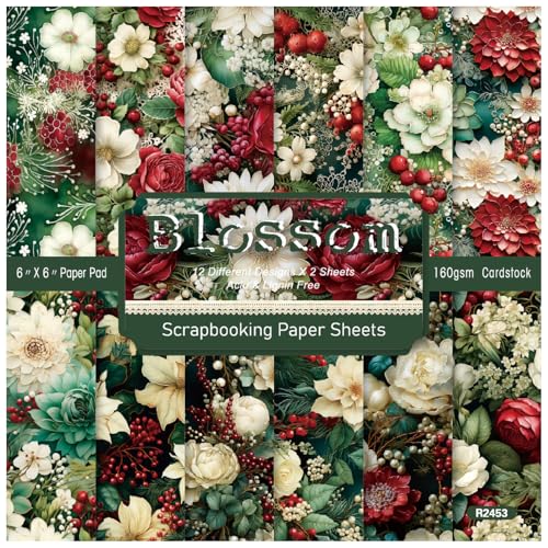 CEHJZQRPL Scrapbooking Papierblock, Weihnachten, 24 Blatt 6"x6" Blumen-Papier, einseitig, weiß/rot, mit Blumendrucken, for die Gestaltung von Fotoalben, Hintergründen und Karten von CEHJZQRPL