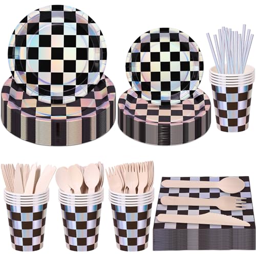 200 Stück karierte Flagge Partyzubehör Rennwagen Geburtstag Party Supplies Silber und Schwarz Party Geschirr Set 70er Jahre Disco Party Supplies Servieren für 25 Personen (Karierte Flaggen-Set) von CEILIWEN