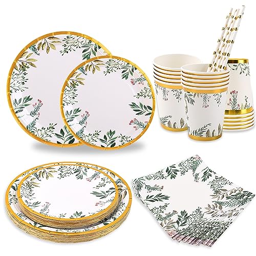 CEILIWEN Grünes Pappteller-Set für 50 Gäste, 250-teiliges Partygeschirr in Salbeigrün und Gold, grünes Partyzubehör beinhaltet 22,9 cm Pappteller, 17,8 cm Beilagenteller, Einwegbecher, Strohhalme, von CEILIWEN