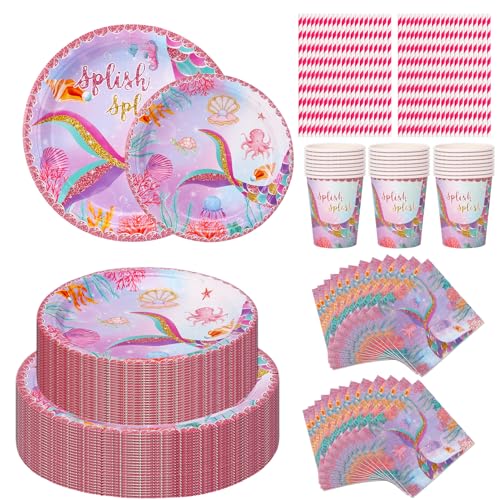 CEILIWEN Meerjungfrau-Partygeschirr-Set für 24 Gäste, 144-teiliges Meerjungfrauen-Party-Teller-Set, inklusive 22,9 cm und 17,8 cm Pappteller, Tasse, Serviette, Strohhalm, von CEILIWEN