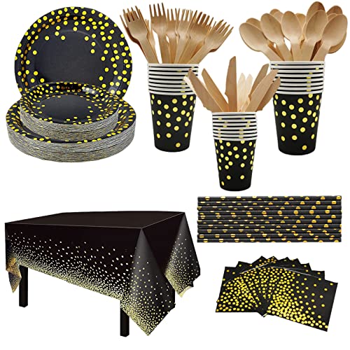 CEILIWEN Schwarz und Gold Party Geschirr, 201PCS Schwarz und Gold Party Supplies Set, Papier Geschirr Set, Party Geschirr Set enthält schwarze Pappteller,Tasse,Strohhalm, Tischtuch,Serviette,Besteck von CEILIWEN