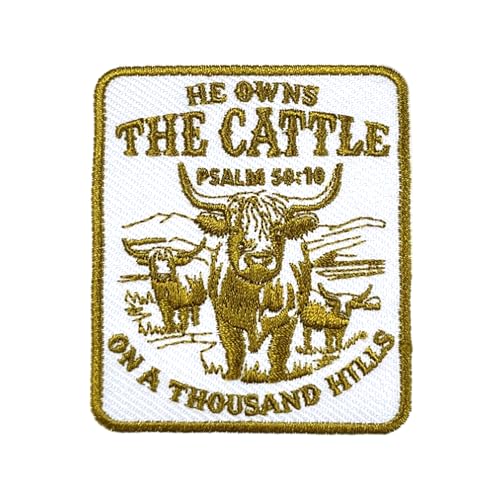 Aufnäher mit Aufschrift "He Owns The Cattle On a Thousand Hills", Psalm 50:10, 7,6 cm, christlich, religiös, Jesus, Bibel, zum Aufbügeln oder Aufnähen, Stickerei, Stoffapplikation für Trucker, Hüte, von CELAMONA