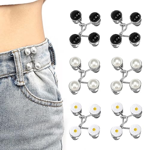 6 stück Verstellbare Nagelfreie Taillen Schnallen, Hose Enger Machen Clip, Button Pins, Jean Knopfnadeln, Hosenbund Enger Machen - 2 Schwarze Perlen, 2 Weiße Perlen, 2 Gänseblümchen von CELFER