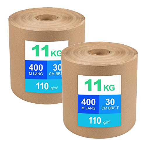 2 Stücke Schrenzpapier Verpackungspapier auf Rollen - 11kg, 400 lfm, 30cm breit, 110 g/m2, Packpapier, Recyclingpapier (2) von CELMAN