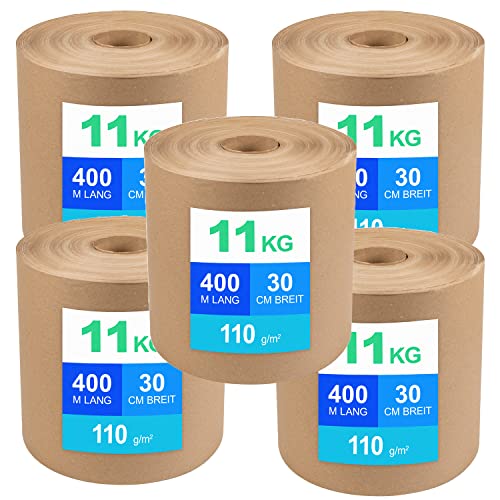 5 Stück Schrenzpapier Verpackungspapier auf Rollen - 11kg, 400 lfm, 30cm breit, 110 g/m2, Packpapier, Recyclingpapier (5) von CELMAN