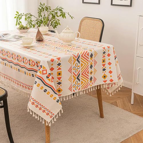 CEMELI 90~300cm Boho-Tischdecke für quadratischen Tisch geometrische Bedruckte rustikale Baumwolle-Tischdecke mit Quasten-Streifen-Esstischbezug Heimdekoration von CEMELI