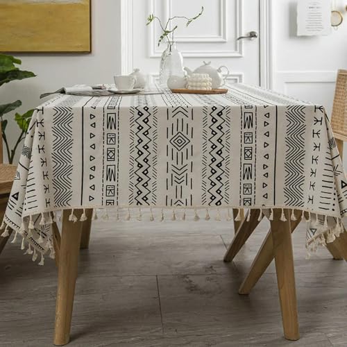 CEMELI 90~300cm Boho-Tischdecke für quadratischen Tisch geometrische Bedruckte rustikale Baumwolle-Tischdecke mit Quasten-Streifen-Esstischbezug Heimdekoration von CEMELI