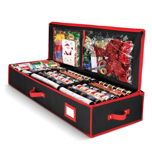 CENMEN 1 x Aufbewahrungstasche für Geschenke mit nützlichen Fächern für Geschenkpapier, Farbe: Schwarz und Rot, ideal für Weihnachtsaccessoires. Aufbewahrung des Bettes für Dekorationen. von CENMEN