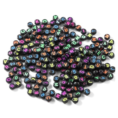 CENMEN Schwarze bunte Perlen mit gemischten Buchstaben, bunte schwarze Perlen mit gemischten Buchstaben, 4 x 7 mm, bunte Perlen mit Buchstaben für Schmuckherstellung, DIY-Armbänder, Halsketten von CENMEN