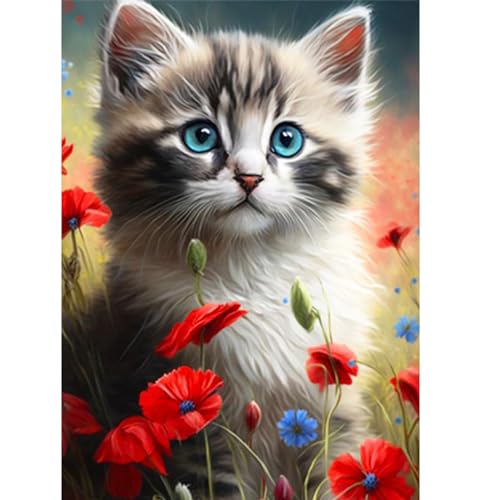 CEOVR 5D Diamant Painting Adulte Katze Peinture Diamant Adulte Tier,Kit Diamond Painting Adulte,30x40 cm Diamond Painting Kit Complet,Tableau Strass Diamant Art,Rote Blumen von CEOVR