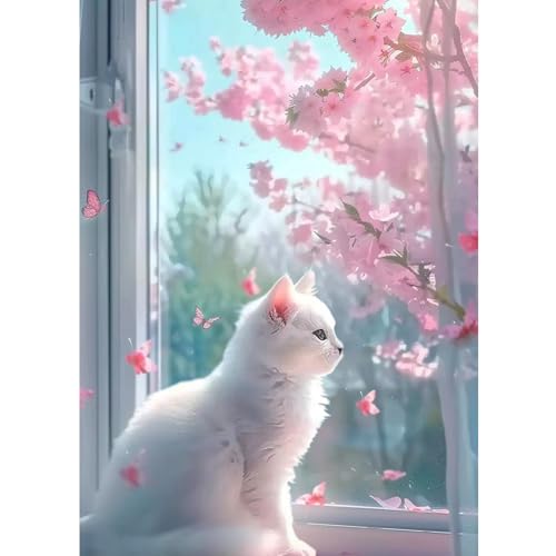 CEOVR 5D Diamond Painting Erwachsene Katze,Blumen Diamond Painting Set Erwachsene,30x40 cm Diamond-painting Pictures DIY Cross Embroidery Painting Kits,Katze auf Fensterbank von CEOVR