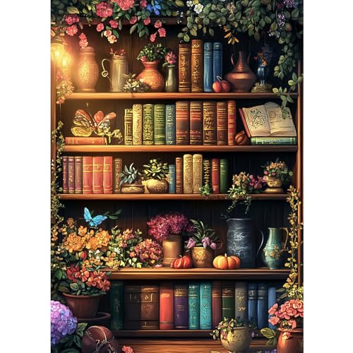 CEOVR Diamond Painting Kit Erwachsene Bücherregal Diamond-painting,30x40 cm Diamant Paintings Kit,Bücher und Blumenzimmer Diamond Painting Bilder Set,5D DIY Diamond Painting Bilder Kit von CEOVR