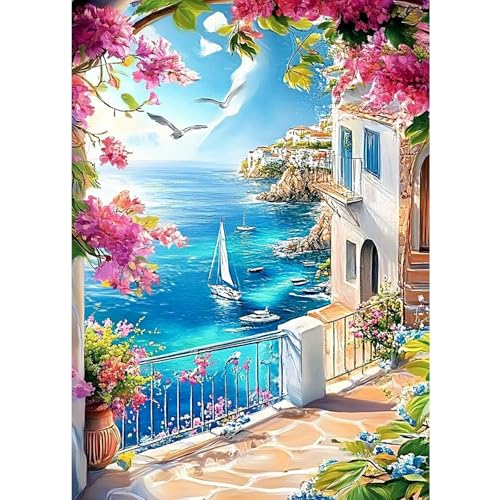 CEOVR Diamond Painting Kit Erwachsene Landschaft Diamond-painting,30x40 cm Diamant Paintings Kit Küstenlandschaft,5D DIY Diamond Painting Bilder Set Blumen und Boote,Crystal Art Set von CEOVR