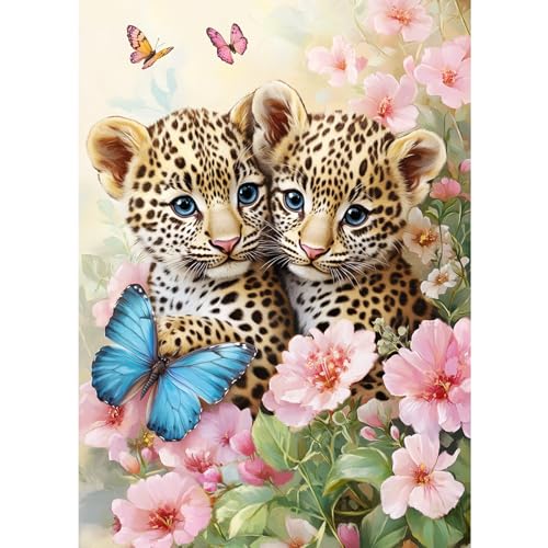 CEOVR Diamond Painting Kit Erwachsene Leopard Diamond-painting,30x40 cm Diamant Paintings Kit,5D DIY Diamond Painting Bilder Set Gepardenjunge in den Blumen,Crystal Art Set von CEOVR